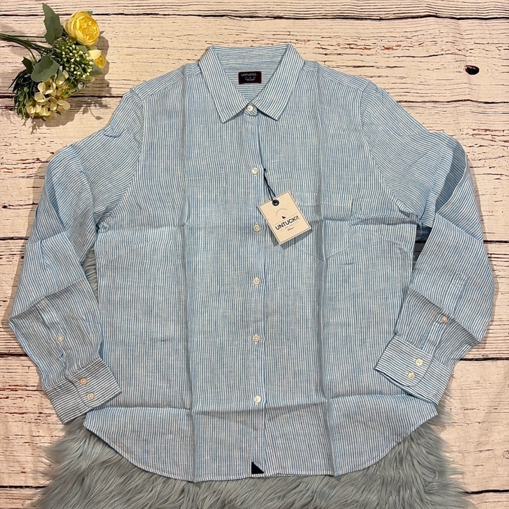 NWT UNTUCKit for her Sherry Women’s Button Down 100% Linen Pinstripe Shirt sz 10